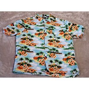 Chaps Shirt Mens Large Blue Hawaiian Tropical Floral Island Button Front Casual